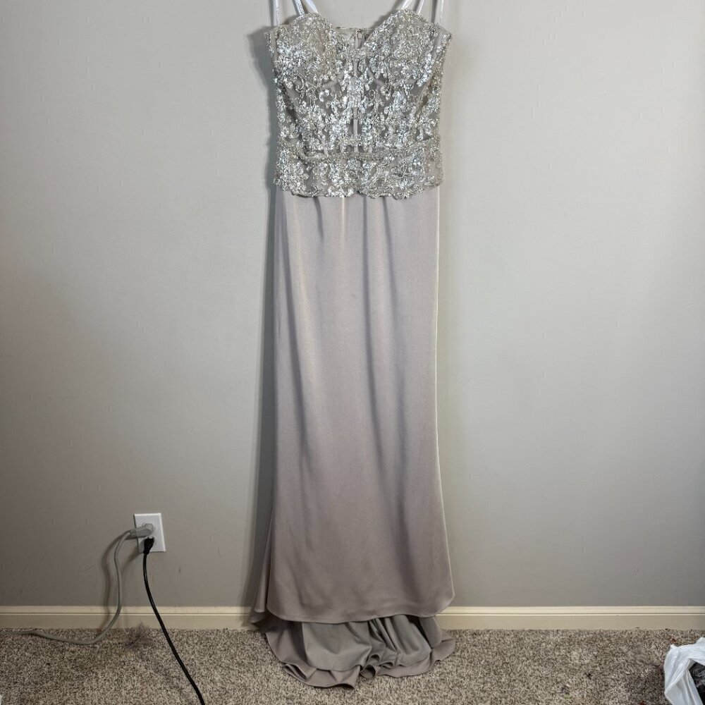 NWOT Montage by Mon Cheri Strapless Beaded Satin Gown Womens 12 Champage Sheer - Picture 4 of 15